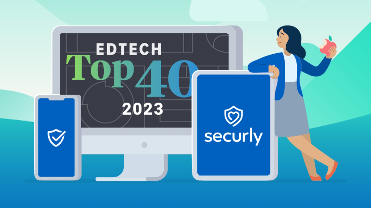 An illustration of a teacher and 3 IT devices displaying the Securly logo and the title Edtech Top 40 2023 on their screens